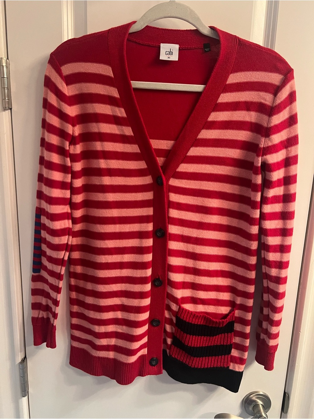 CAbi Red and Pink Striped V‑Neck Cardigan with Contrast Pocket